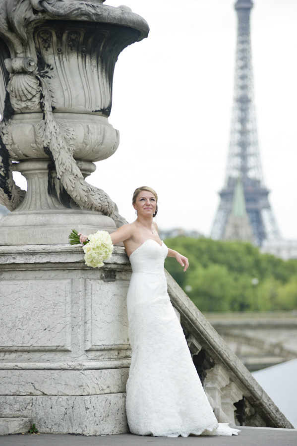 Bride by Eiffel Tower, Paris, wedding